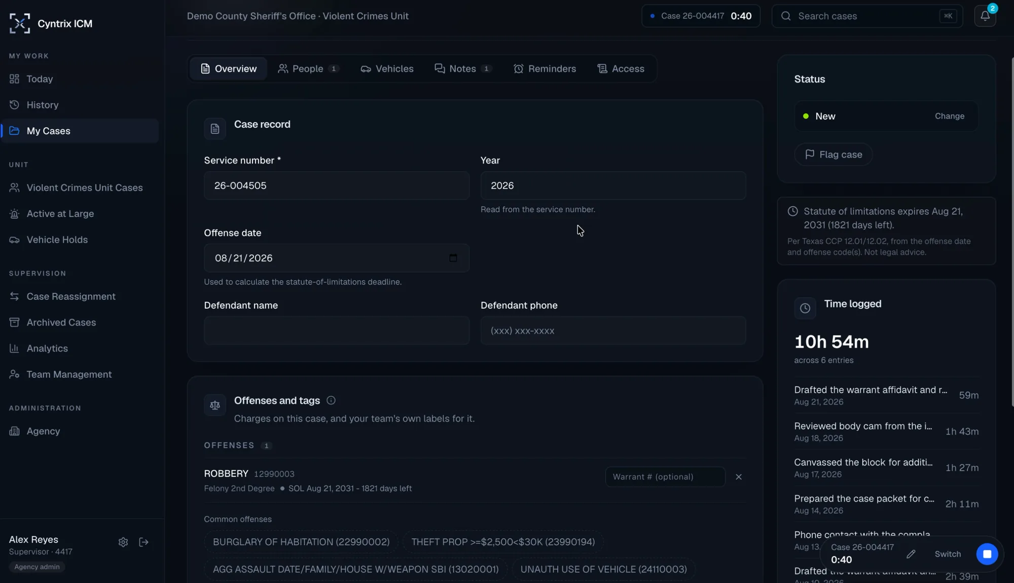 An ICM case record with its offenses, status rail, and statute of limitations panel. Screenshot from a demo agency with fictional data.