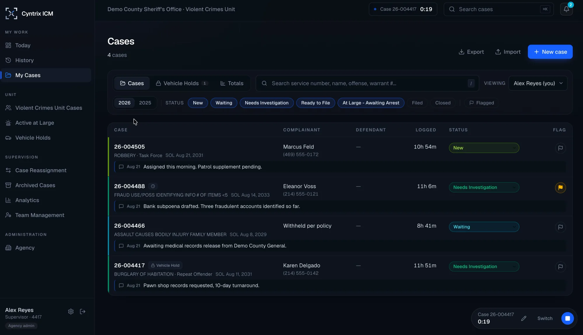 ICM's case list showing status pills, offenses, statute deadlines, and logged hours per case. Screenshot from a demo agency with fictional data.